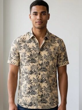 Men's Short-Sleeve Button-Down Shirt in Beige with Black Leaf Print (003)